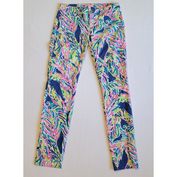 LILLY PULITZER Kelly Textured Skinny Ankle Pants Indigo Palm Reader sz 00 - Picture 1 of 9